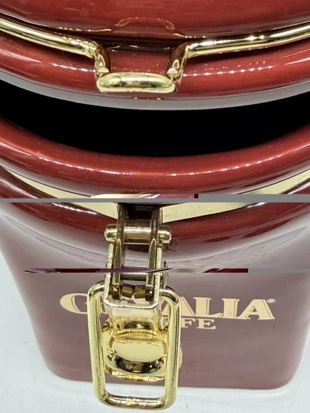 Gevalia Kaffe Maroon Burgundy Red & Gold Ceramic Air Tight Coffee Jar Canister